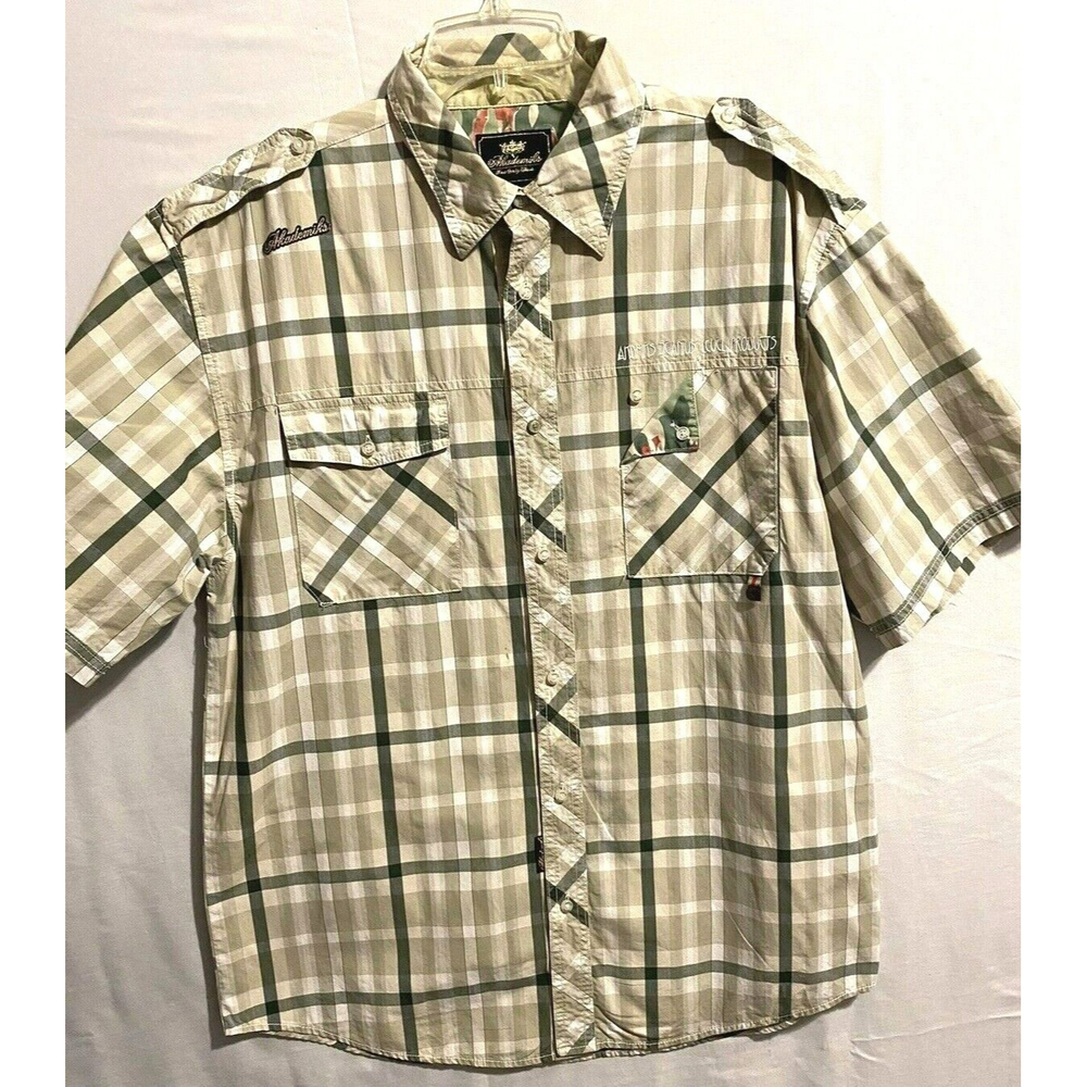 Akademiks Jeanius Level Mens Plaid Shirt L Green Short Sleeves Button Up Cotton